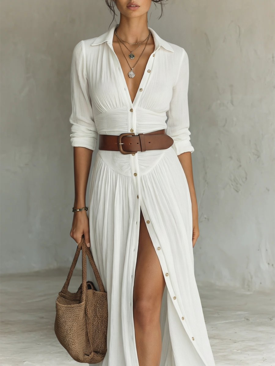Long Maxi Dress with Notched Collar and Long Sleeves for Women • S1 Olivia Reed