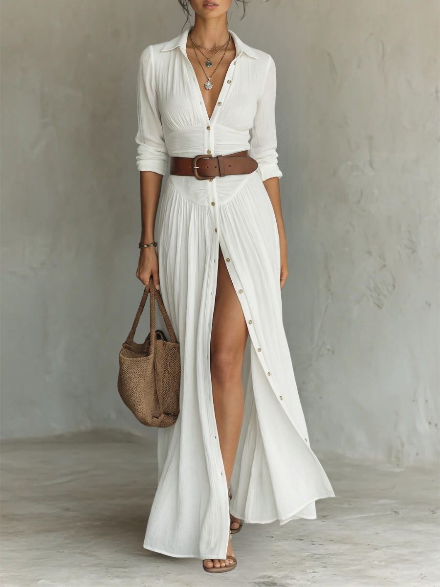 Long Maxi Dress with Notched Collar and Long Sleeves for Women • S1 Olivia Reed