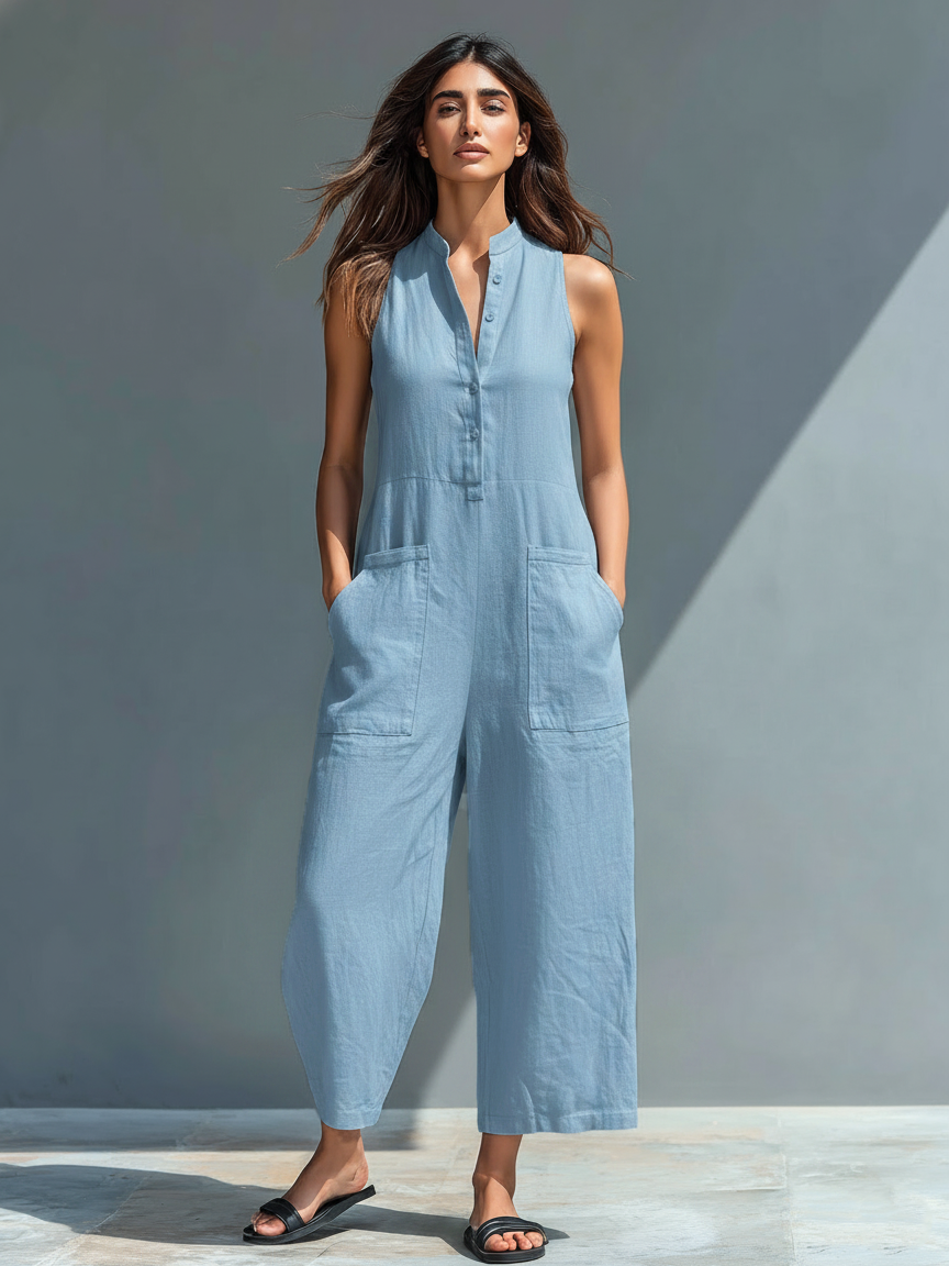 Combinaison ample sans manches en lin mélangé, à boutons, col montant, minimaliste – pour femme MDZ2725A5Y SELUNE