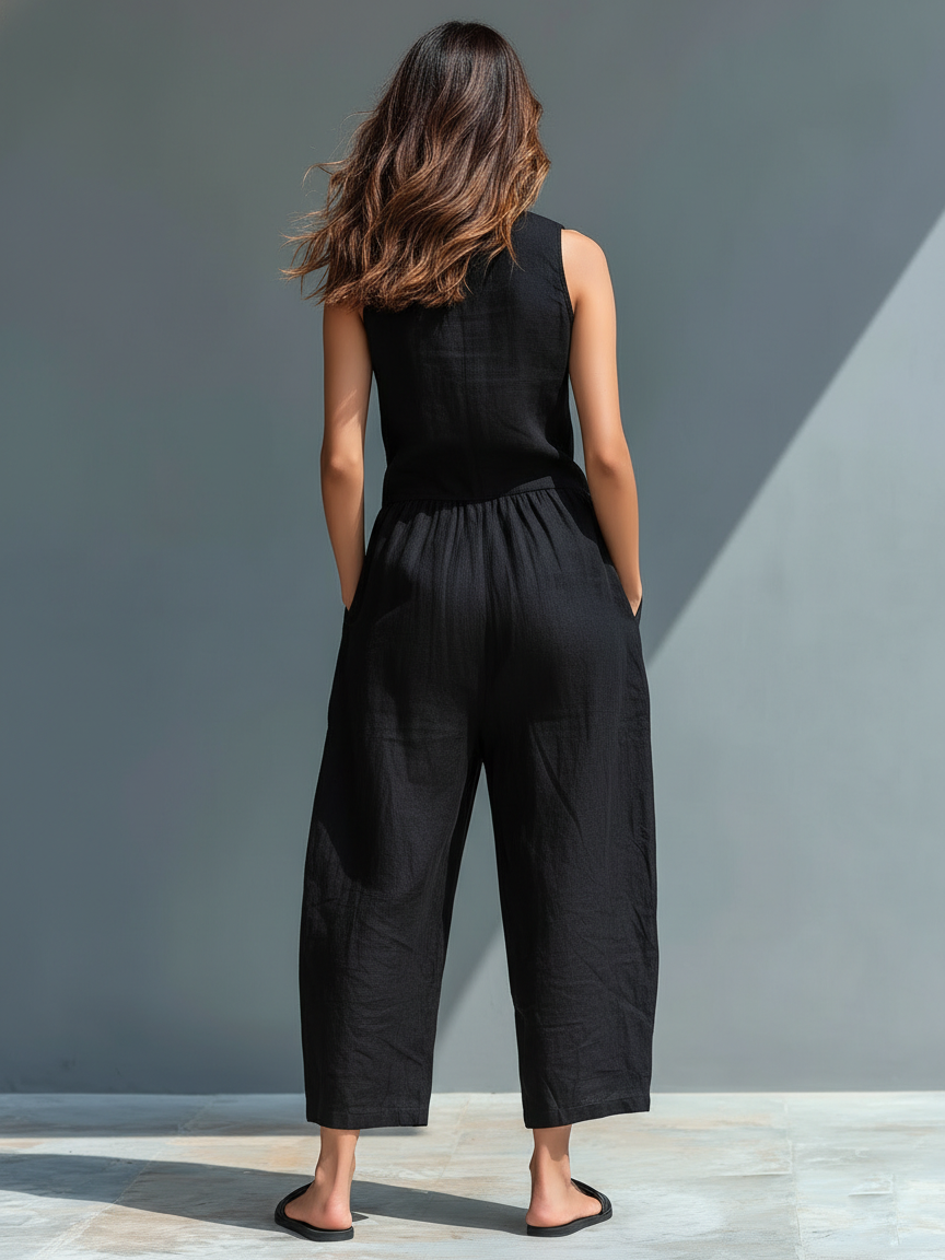 Combinaison ample sans manches en lin mélangé, à boutons, col montant, minimaliste – pour femme MDZ2725A5Y SELUNE
