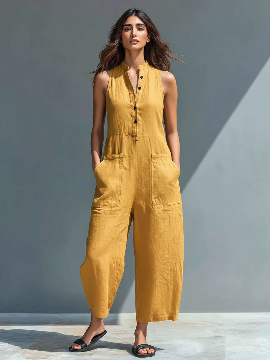 Combinaison ample sans manches en lin mélangé, à boutons, col montant, minimaliste – pour femme MDZ2725A5Y SELUNE
