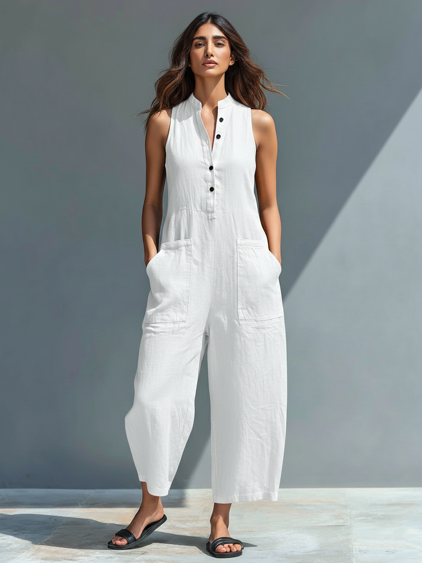 Combinaison ample sans manches en lin mélangé, à boutons, col montant, minimaliste – pour femme MDZ2725A5Y SELUNE