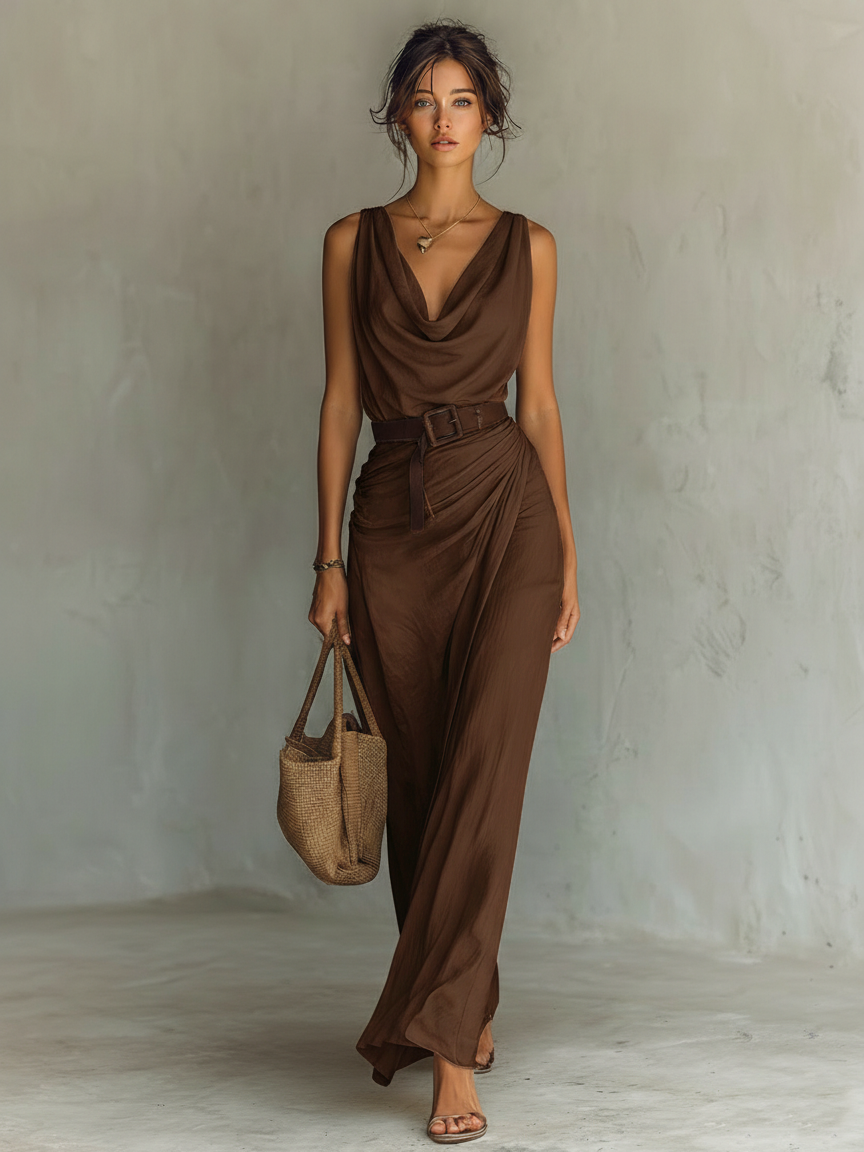 Women's Minimalist Cowl Neck Sleeveless Belted Maxi Dress MDZ1262A0Y SELUNE
