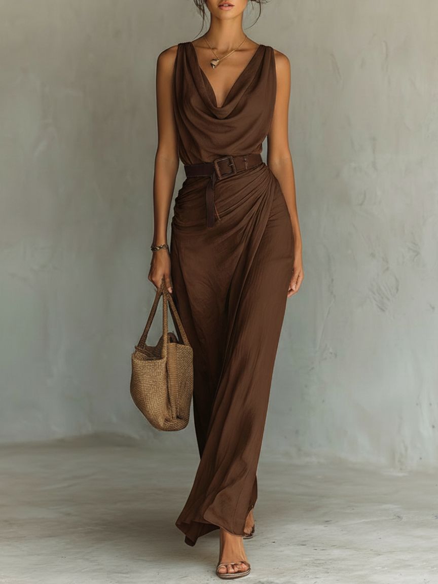 Women's Minimalist Cowl Neck Sleeveless Belted Maxi Dress MDZ1262A0Y SELUNE