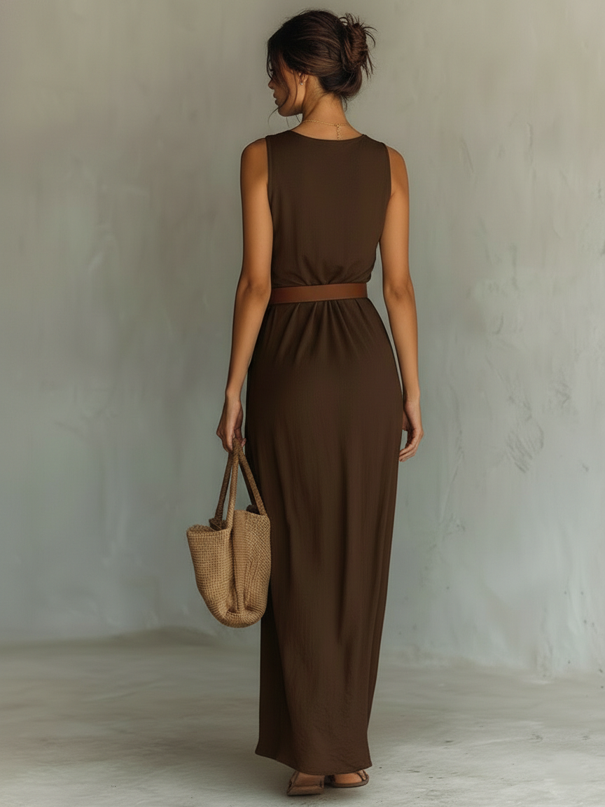 Women's Minimalist Cowl Neck Sleeveless Belted Maxi Dress MDZ1262A0Y SELUNE
