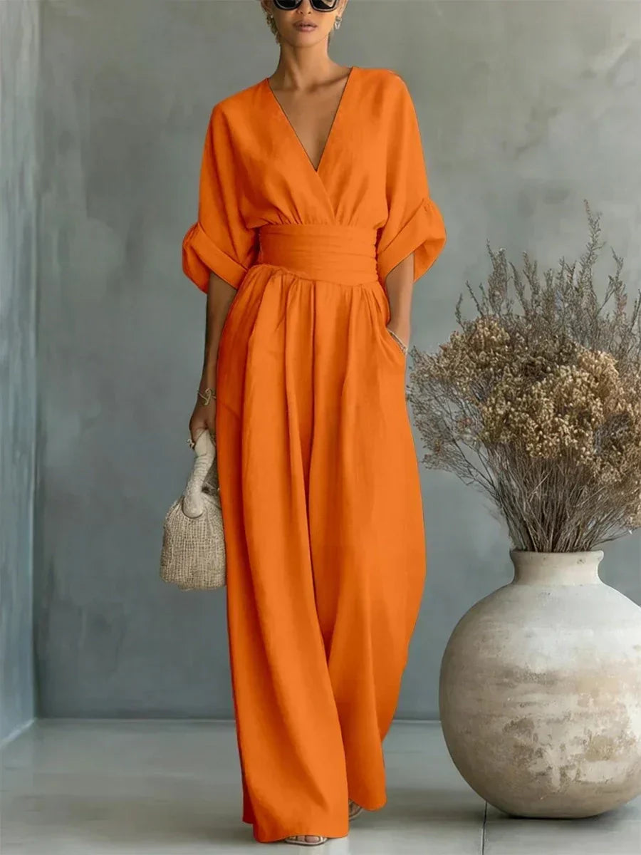 Halszka - Elegancki Kombinezon z Lnianym Dekoltem w Serek i Wysokim Stanem Jabłońska Moda