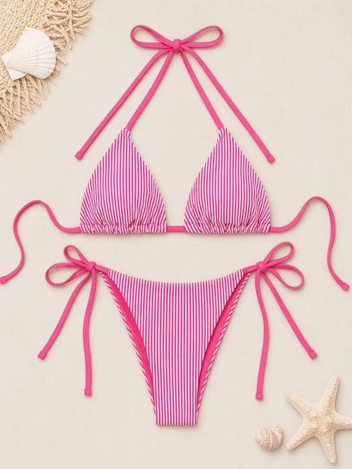 Bikinis roses à détail twist, avec des lanières sur les côtés, coupe haute BEACHEERS