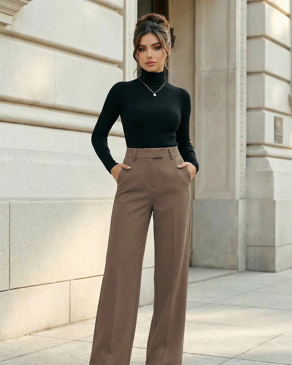 Pantalon de bureau formel couleur camel, taille haute à jambes larges SELUNE