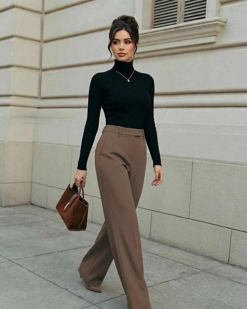 Pantalon de bureau formel couleur camel, taille haute à jambes larges SELUNE