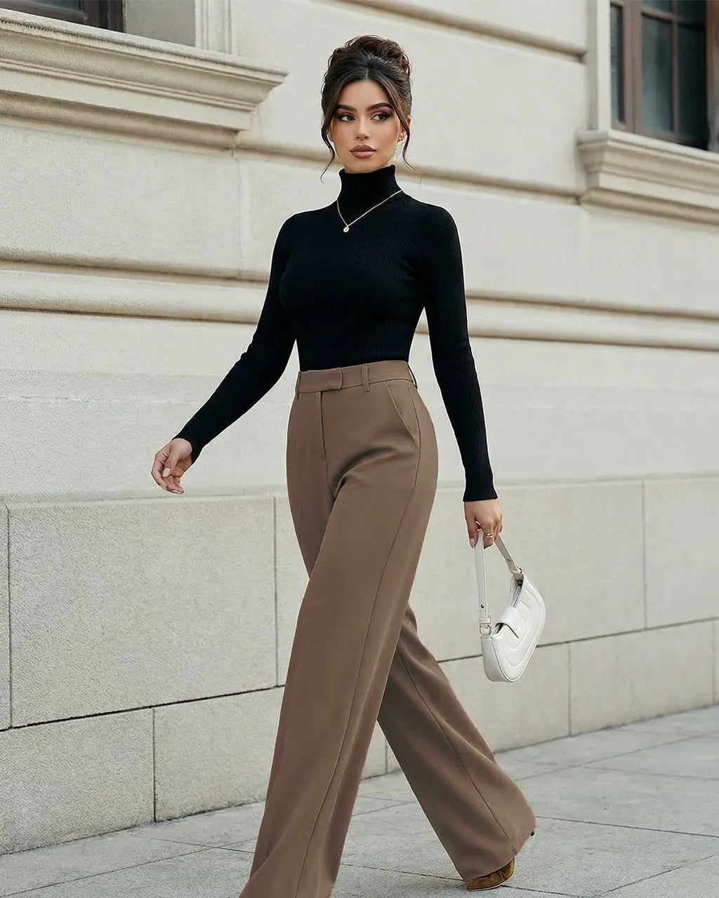 Pantalon de bureau formel couleur camel, taille haute à jambes larges SELUNE