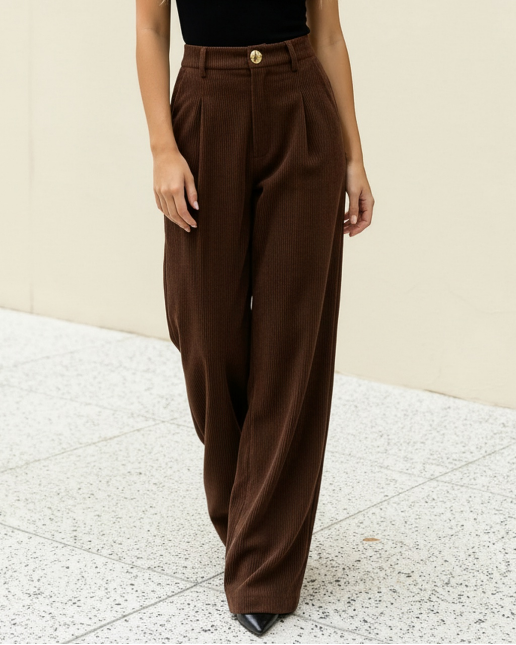 Pantalon marron texturé à taille haute et à jambes larges SELUNE