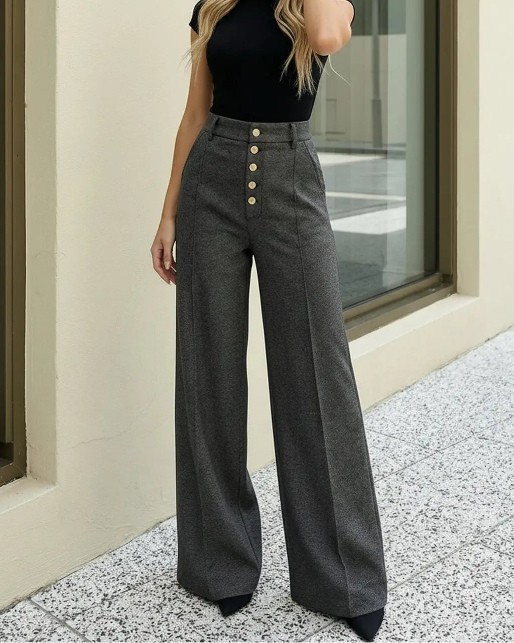 Pantalon gris à taille haute à jambes évasées SELUNE