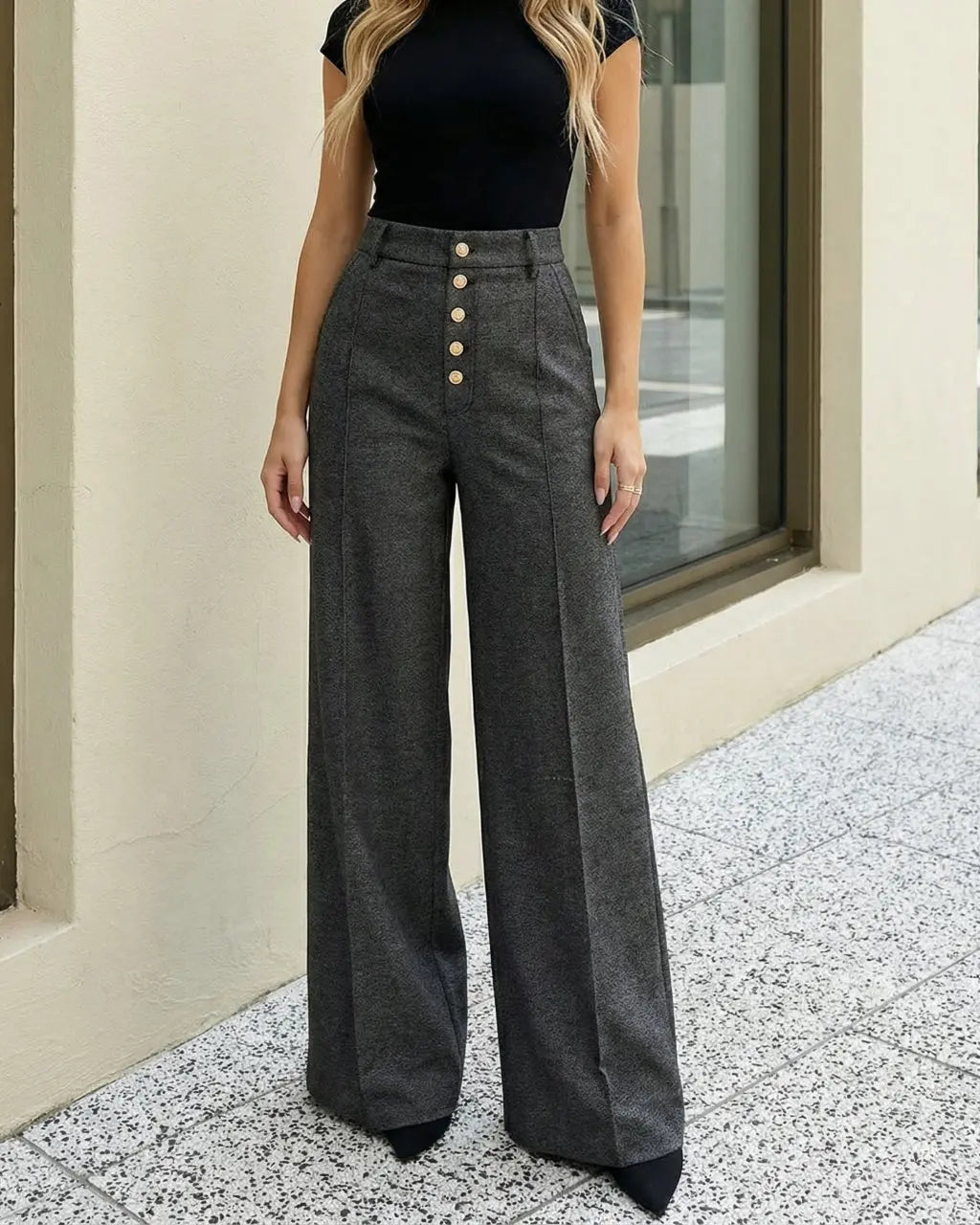 Pantalon gris à taille haute à jambes évasées SELUNE