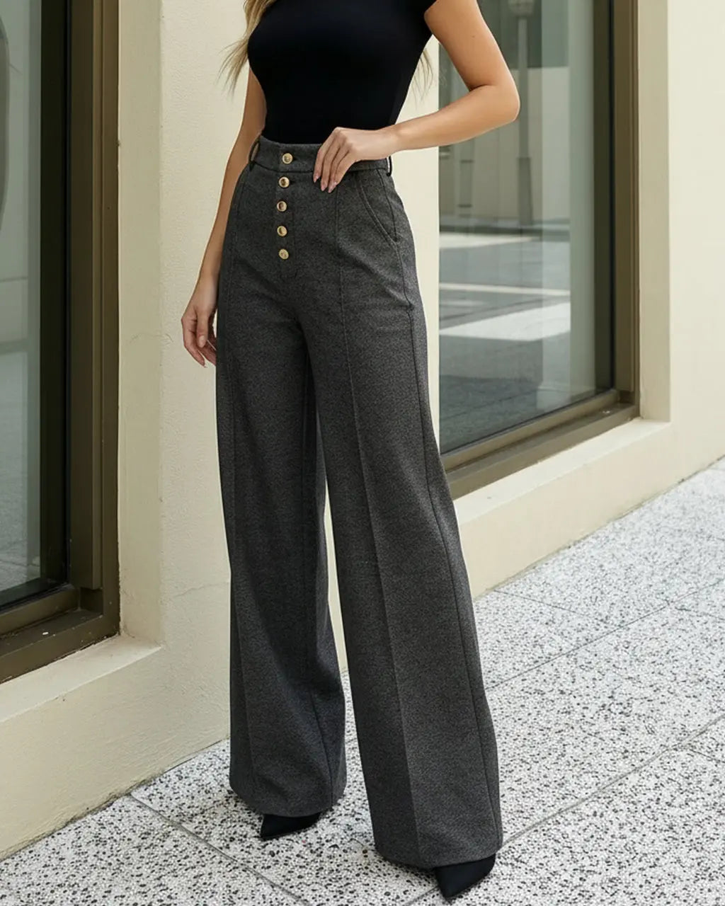 Pantalon gris à taille haute à jambes évasées SELUNE