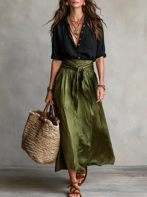 Aitana | Ensemble à deux pièces avec chemise noire et jupe midi vert olive pour femme SELUNE