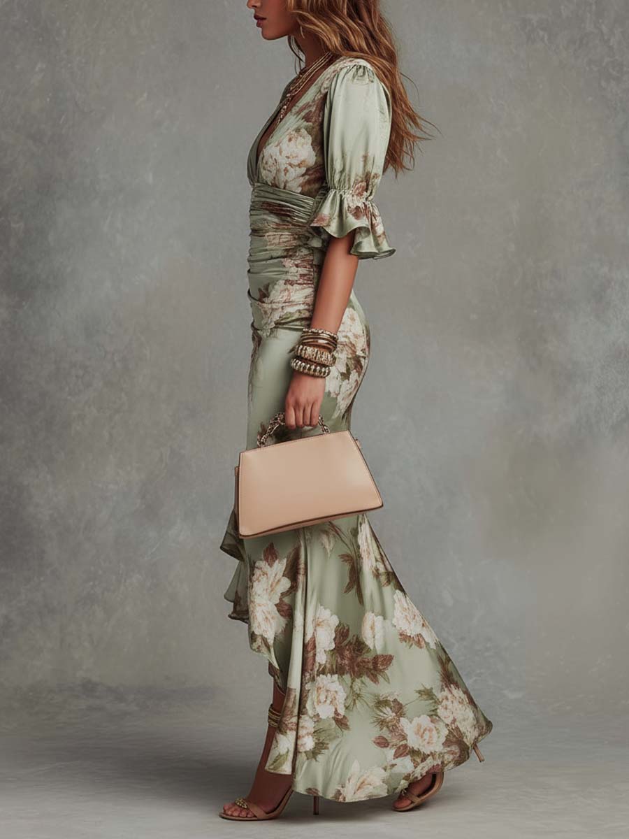 Anastasia | Robe longue en satin à imprimé floral Clara Roma