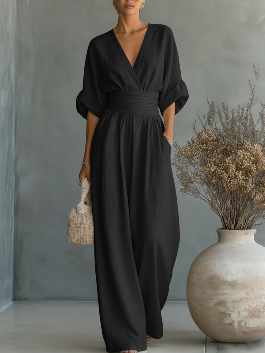Halszka - Elegancki Kombinezon z Lnianym Dekoltem w Serek i Wysokim Stanem Jabłońska Moda
