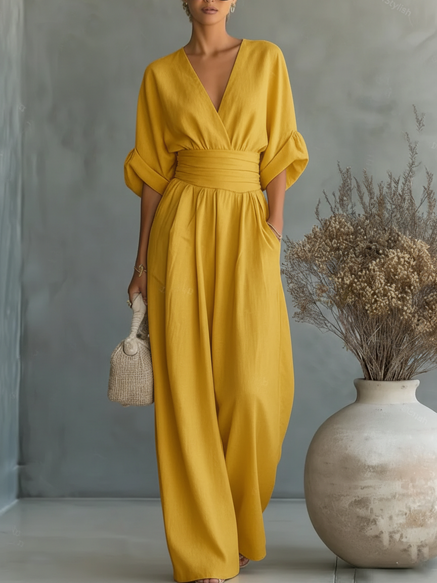 Halszka - Elegancki Kombinezon z Lnianym Dekoltem w Serek i Wysokim Stanem Jabłońska Moda
