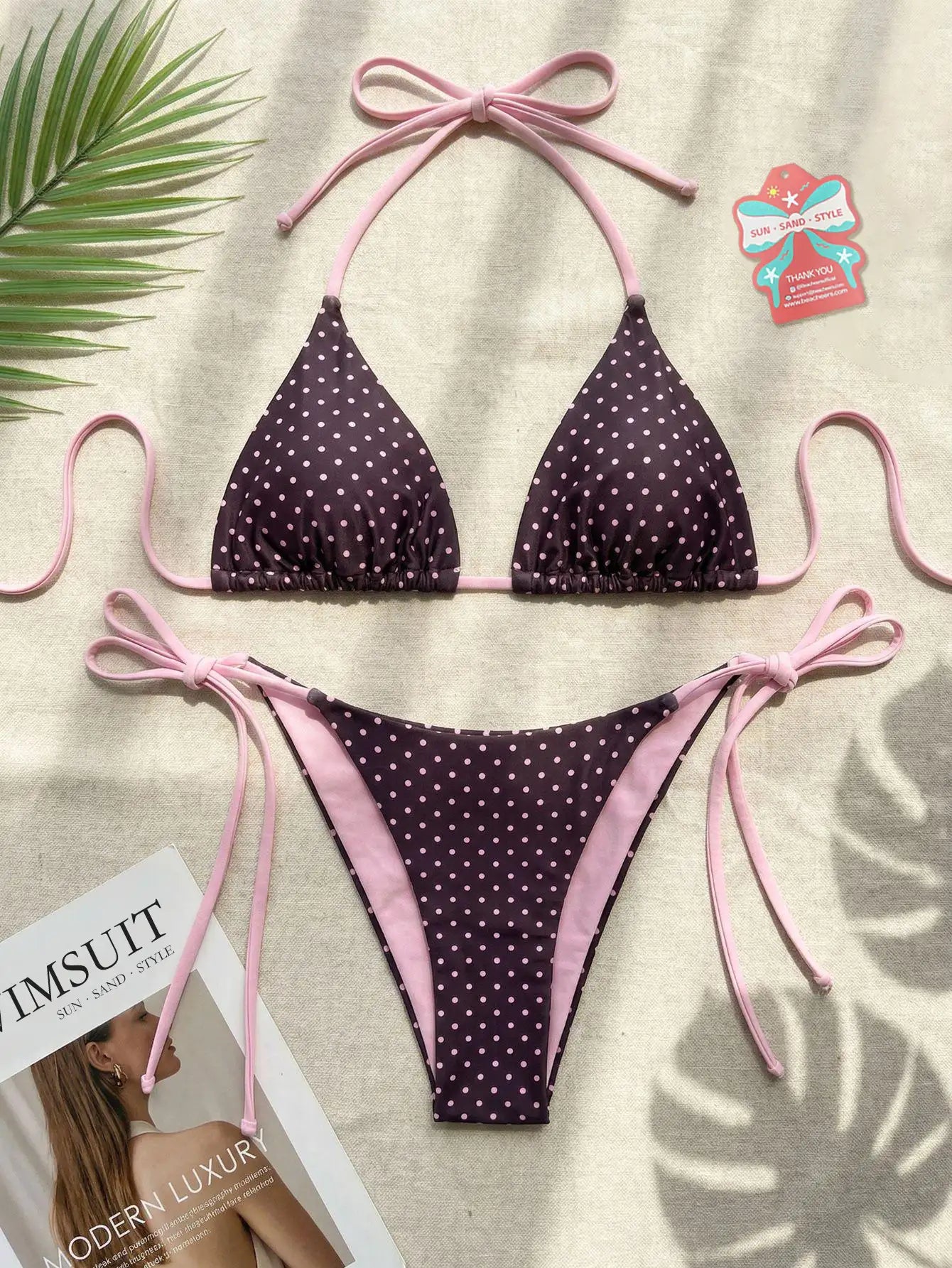Bikini dos-nu à bretelles spaghetti à pois roses BEACHEERS
