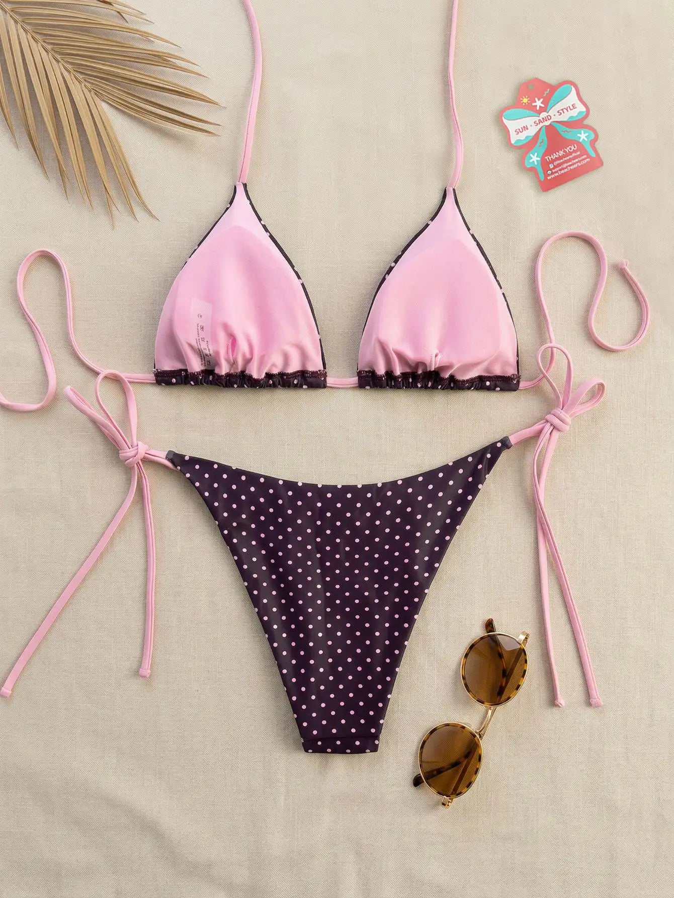 Bikini dos-nu à bretelles spaghetti à pois roses BEACHEERS