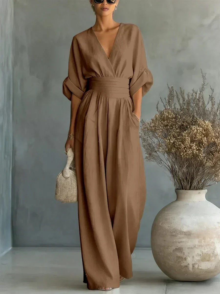 Halszka - Combinaison élégante à décolleté en forme de cœur en lin et taille haute Jabłońska Moda