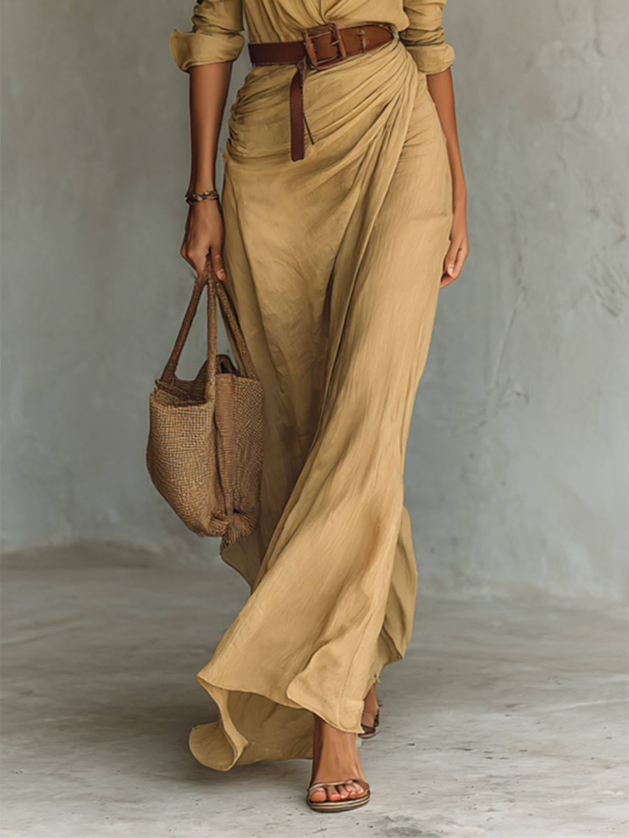 Robe maxi chic à manches longues pour femmes, à col en revers et ceinture, boutonnée sur le devant – MDA1500G4Y WY