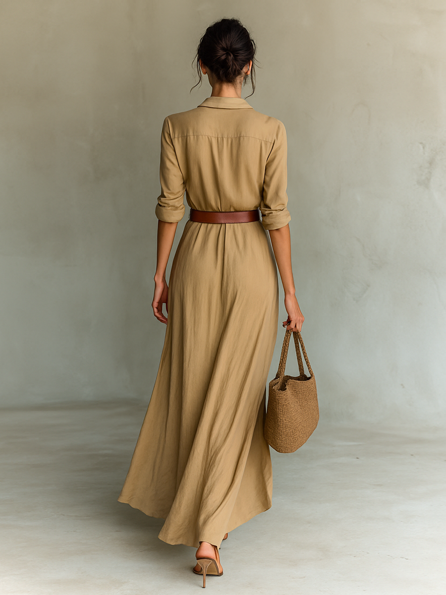 Robe maxi chic à manches longues pour femmes, à col en revers et ceinture, boutonnée sur le devant – MDA1500G4Y WY