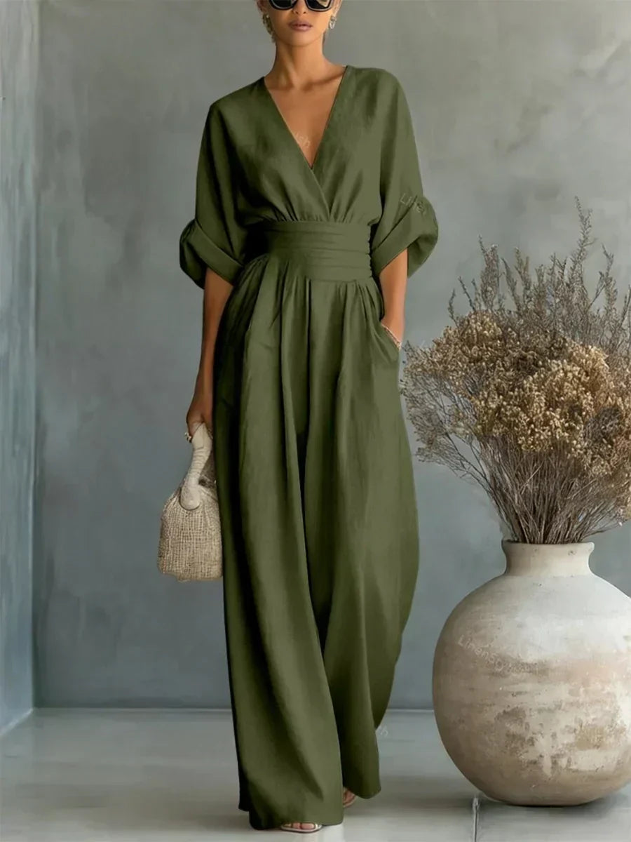 Halszka - Elegancki Kombinezon z Lnianym Dekoltem w Serek i Wysokim Stanem Jabłońska Moda