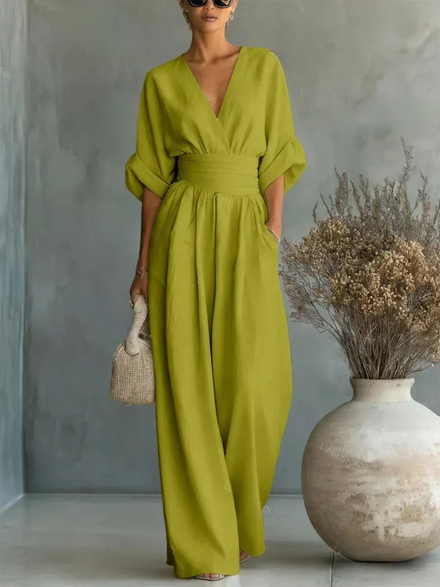 Halszka - Combinaison élégante à décolleté en forme de cœur en lin et taille haute Jabłońska Moda